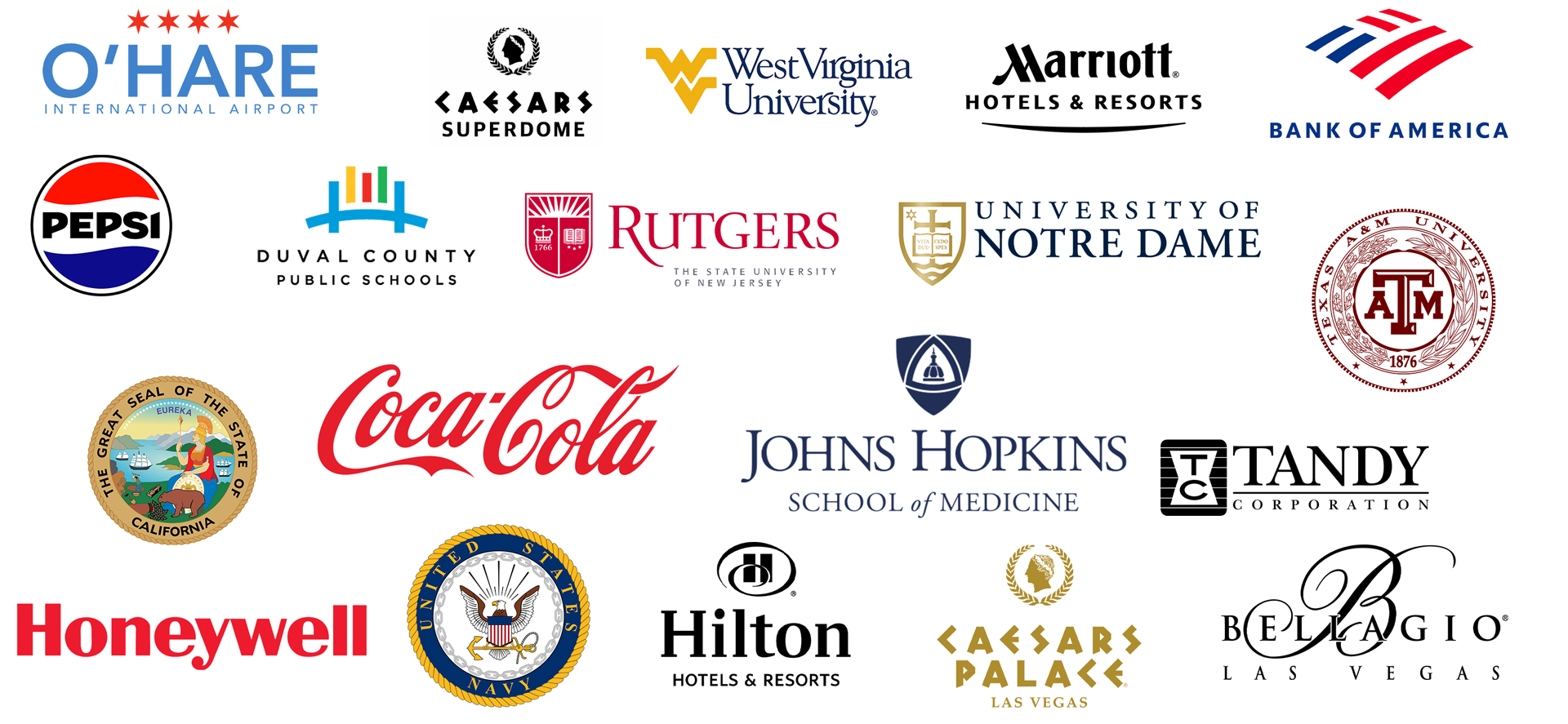 Client logos including Caesars Palace, Marriott, Verizon, Bellagio, and more
