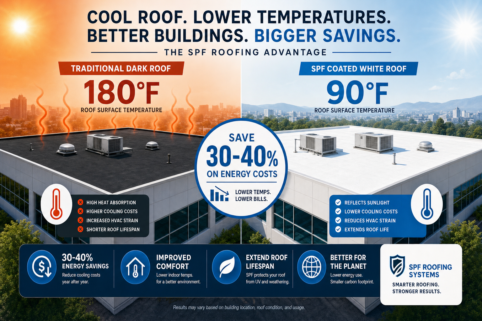 SPF roofing energy savings comparison — up to 30–40% reduction in cooling costs