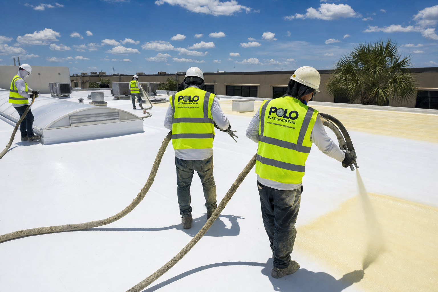 Polo International crew applying SPF roofing system on a commercial building